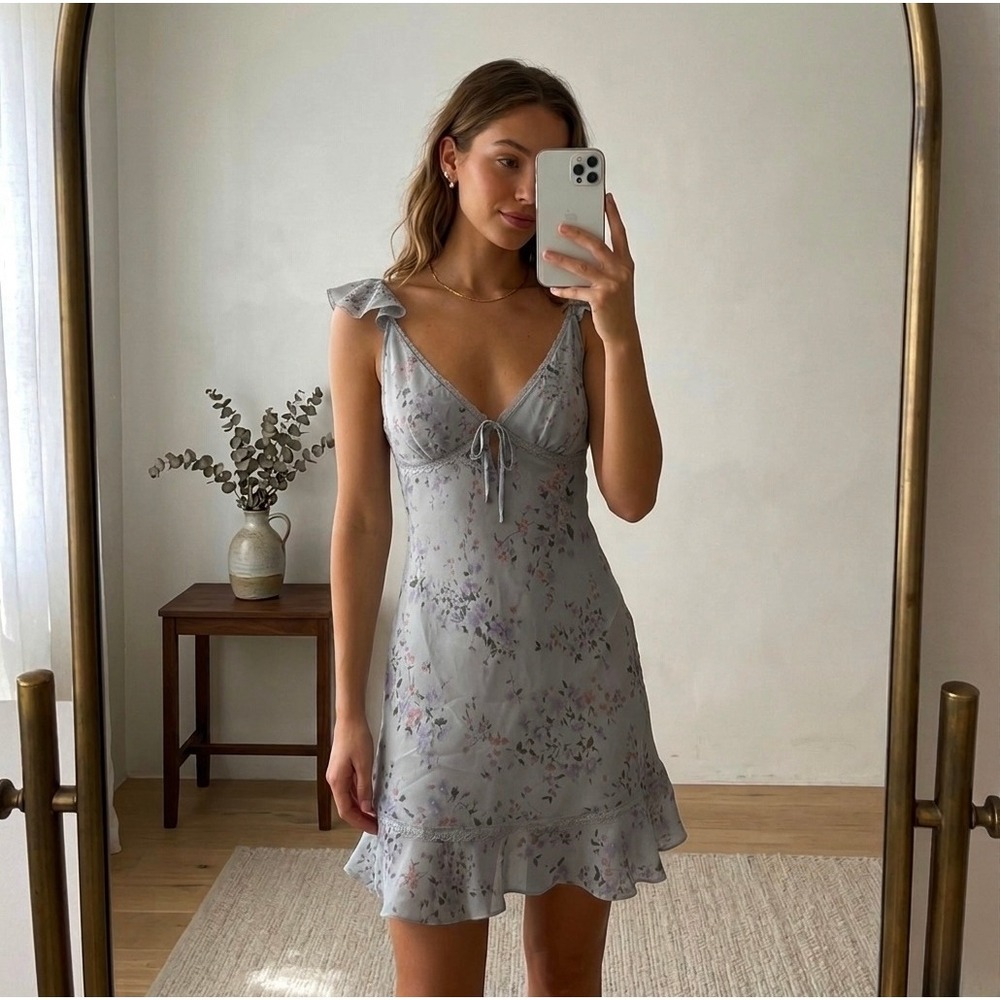 Y2K Coquette Cottagecore Floral Lace Trim Ruffle Mini Slip Dress S Lai Design
